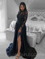 Navy Blue Satin Long Sleeves A-line Appliques Long Evening Prom Dresses, Cheap Custom Prom Dresses, MR7828