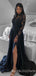 Navy Blue Satin Long Sleeves A-line Appliques Long Evening Prom Dresses, Cheap Custom Prom Dresses, MR7828