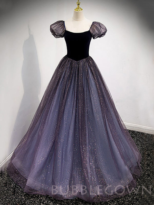 Ball Gown Navy Blue Tulle Sparkly Cap Sleeves Long Evening Prom Dresses, Cheap Custom Prom Dress, MR7830