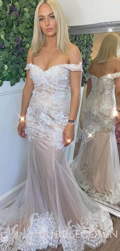 Off Shoulder Champagne Mermaid Tulle Lace Long Evening Prom Dresses, Wedding Dresses, MR7837