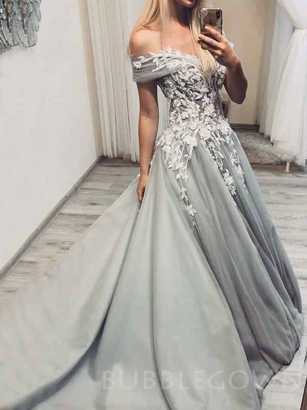 Off Shoulder A-line Grey Tulle Appliques Long Evening Prom Dresses, Cheap Custom Prom Dresses, MR7838