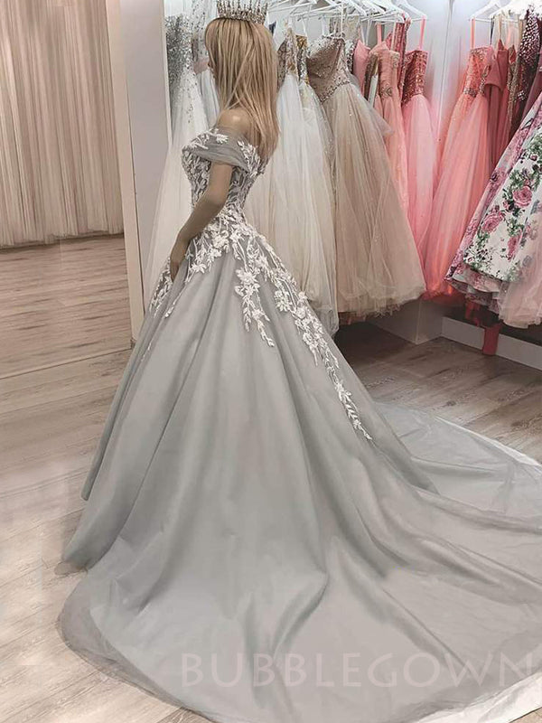 Off Shoulder A-line Grey Tulle Appliques Long Evening Prom Dresses, Cheap Custom Prom Dresses, MR7838