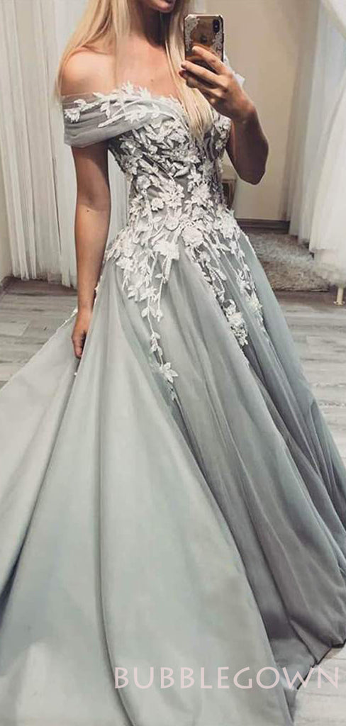 Off Shoulder A-line Grey Tulle Appliques Long Evening Prom Dresses, Cheap Custom Prom Dresses, MR7838