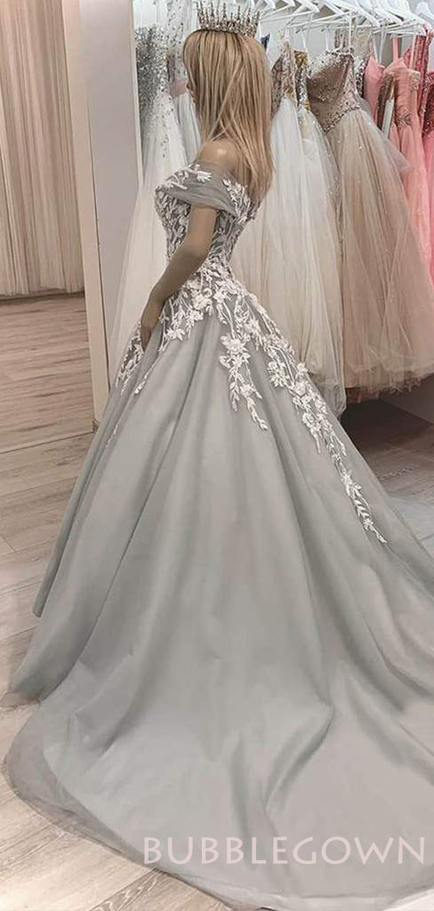 Off Shoulder A-line Grey Tulle Appliques Long Evening Prom Dresses, Cheap Custom Prom Dresses, MR7838