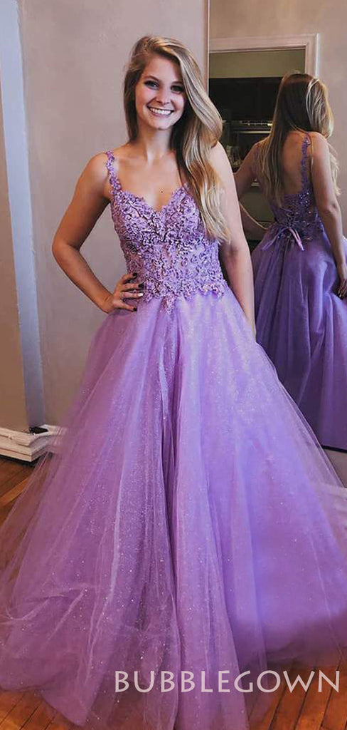 A-line Lilac Tulle Appliques Long Evening Prom Dresses, Cheap Custom Prom Dress, MR7843