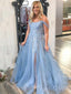 Off Shoulder Blue Tulle A-line Long Evening Prom Dresses, Cheap Custom Prom Dresses, MR7862