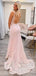 Sexy V-neck Mermaid Pink Lace Long Backless Evening Prom Dresses, MR7863