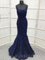 Mermaid Navy Blue Lace Spaghetti Straps Appliques Long Evening Prom Dresses, MR7871