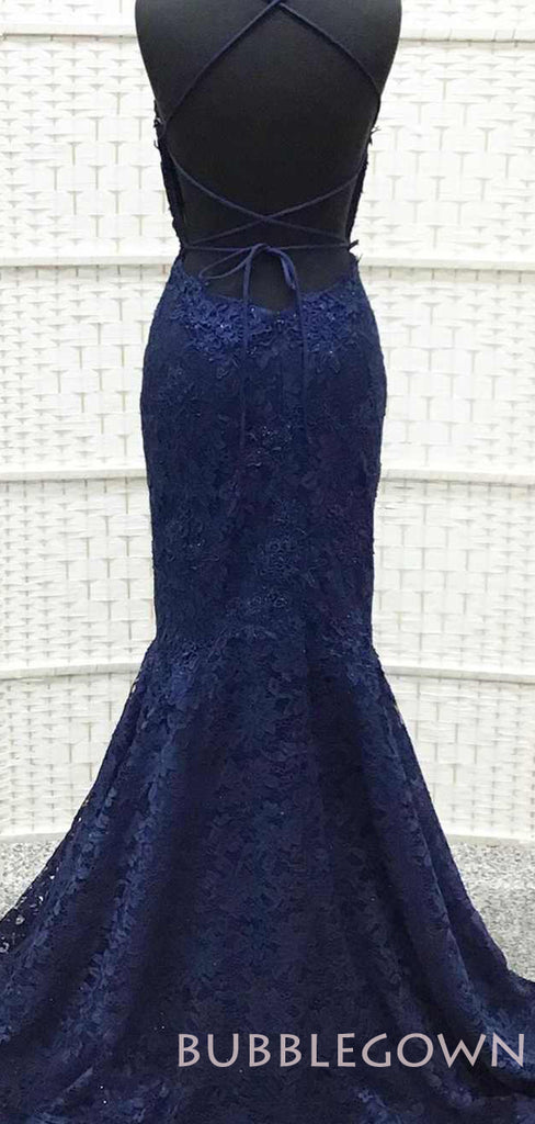 Mermaid Navy Blue Lace Spaghetti Straps Appliques Long Evening Prom Dresses, MR7871
