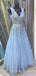 Blue Tulle A-line Appliques Long Evening Prom Dresses, Cheap Custom Prom Dresses, MR7875