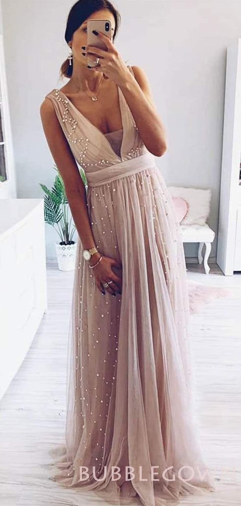 A-line Dusty Pink Tulle Beaded Long Evening Prom Dresses, Cheap Custom Prom Dresses, MR7876