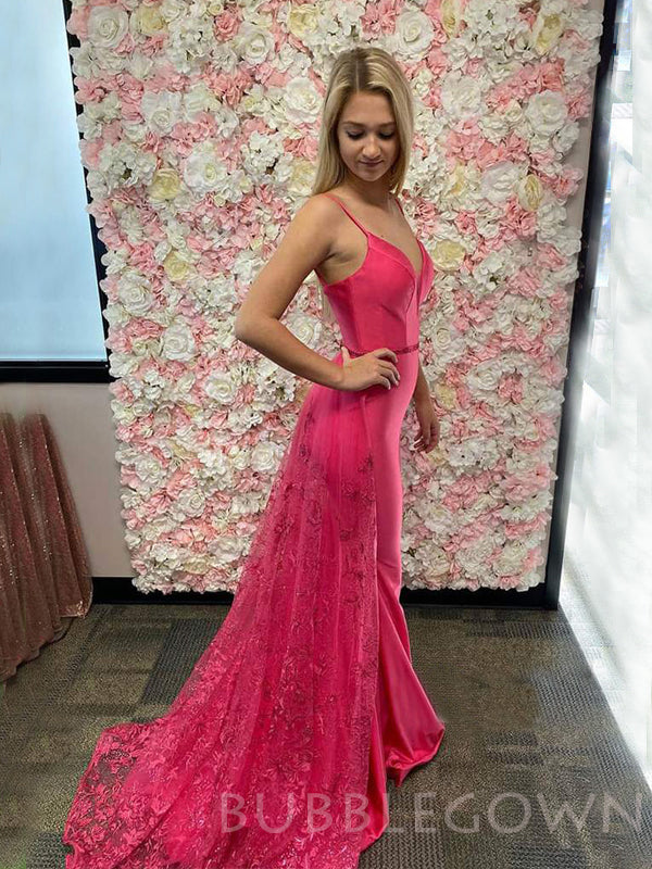 Mermaid Hot Pink Satin V-neck Long Evening Prom Dresses, Cheap Custom Prom Dresses, MR7882