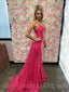 Mermaid Hot Pink Satin V-neck Long Evening Prom Dresses, Cheap Custom Prom Dresses, MR7882