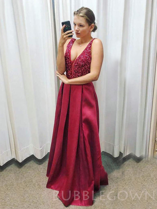 Sexy V-neck Burgundy Satin Beaded Long Evening Prom Dresses, Cheap Custom prom dresses, MR7883