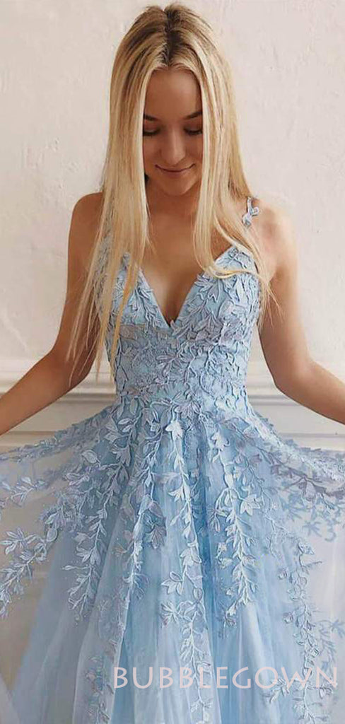 Sky Blue Tulle Appliques Lace A-line Long Evening Prom Dresses, Cheap Custom Prom Dresses, MR7888