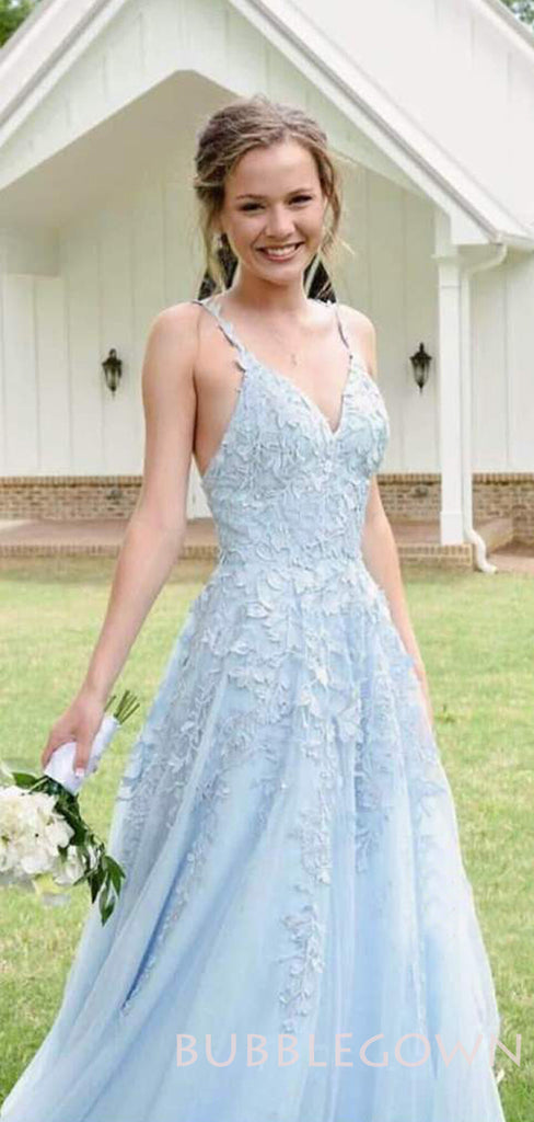 Sky Blue Tulle Appliques Lace A-line Long Evening Prom Dresses, Cheap Custom Prom Dresses, MR7888