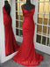 Red Satin Mermaid Spaghetti Straps Long Evening Prom Dresses, Cheap Custom prom dresses, MR7890