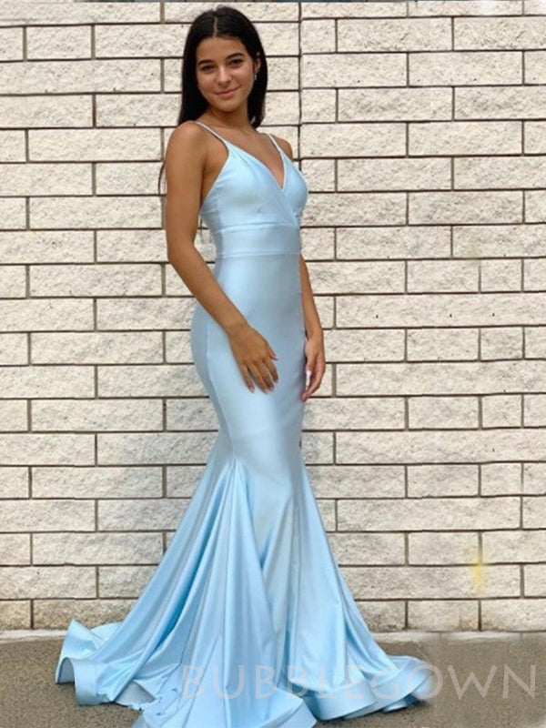 Sexy Mermaid Sky Blue Satin Spaghetti Straps Long Evening Prom Dresses, Cheap Custom Prom Dress, MR7902