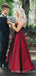 A-line Burgundy Satin Spaghetti Straps Long Evening Prom Dresses, Cheap Custom Prom Dresses, MR7906