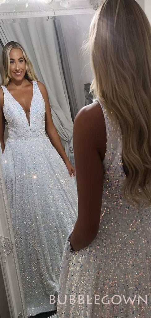 Deep V-neck A-line White Sequin Long Evening Prom Dresses, Cheap Custom Prom Dresses, MR7908