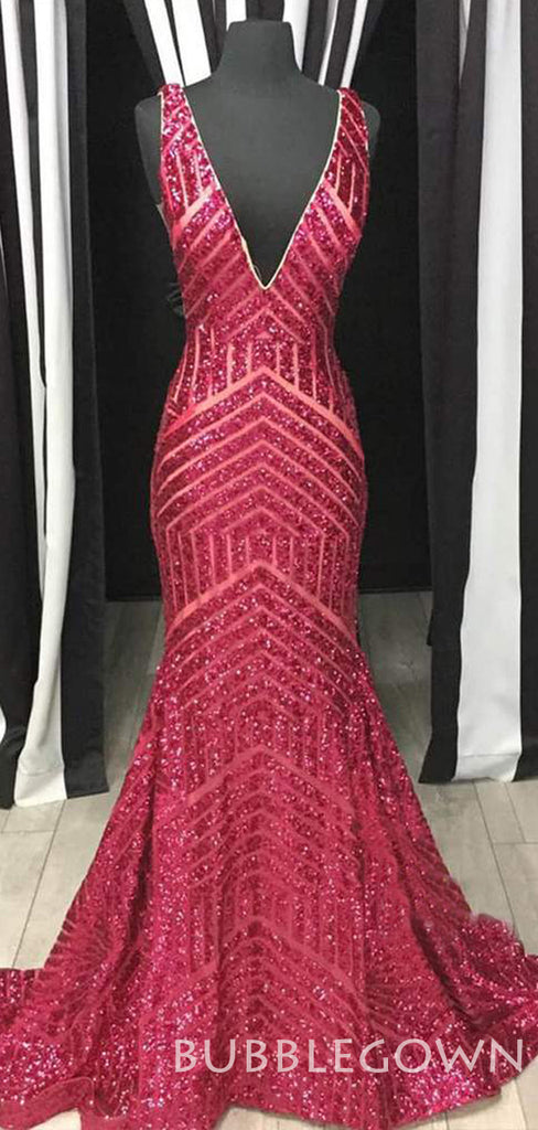 Deep V-neck Burgundy Sequin Mermaid Long Evening Prom Dresses, Cheap Custom Prom Dresses, MR7912