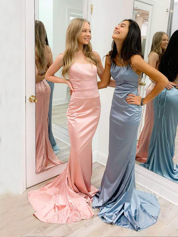 Pink/Grey Satin Spaghetti Straps Mermaid Long Evening Prom Dresses, Cheap Custom Prom Dresses, MR7913