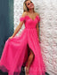 Off Shoulder Hot Pink Tulle A-line Long Evening Prom Dresses, MR7916