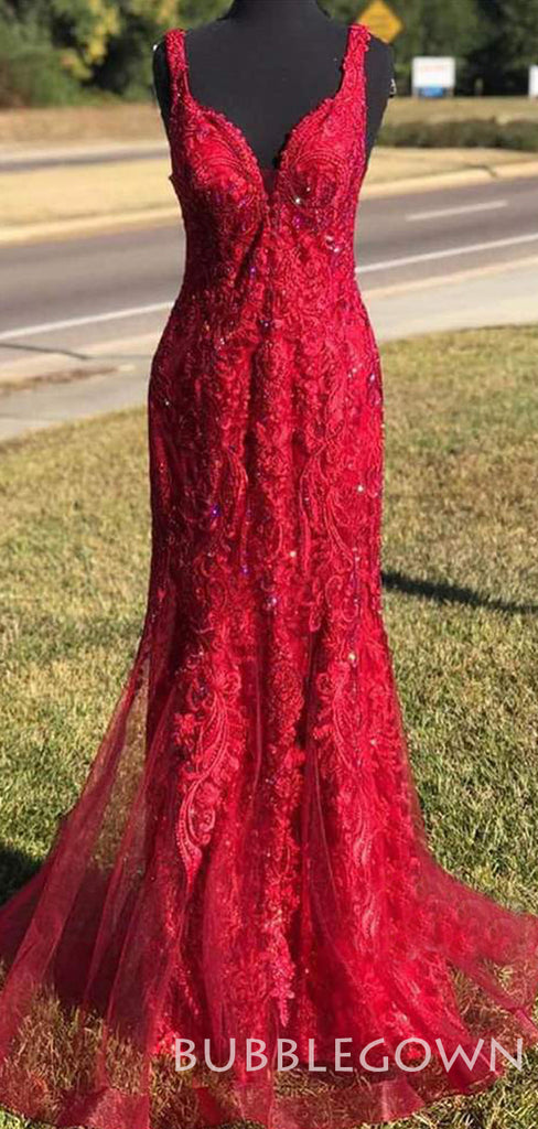 Deep Burgundy V-neck Mermaid Appliques Long Evening Prom Dresses, MR7918