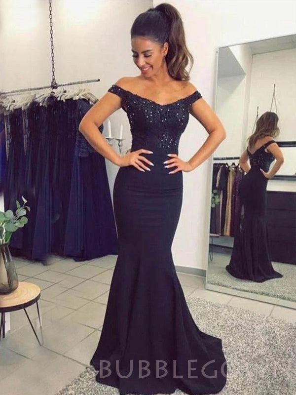 Off Shoulder Navy Blue Satin Appliques Long Beaded Mermaid Evening Prom Dresses, Cheap Custom Prom Dresses, MR7927