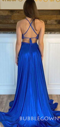 Two Pieces Royal Blue Satin appliques Long Evening Prom Dresses, Cheap Custom Prom Dress, MR7932