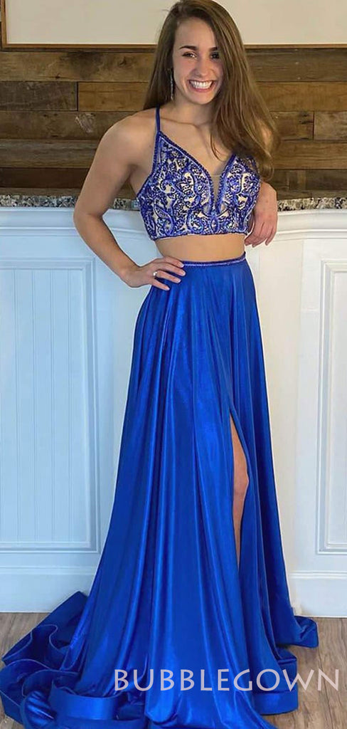 Two Pieces Royal Blue Satin appliques Long Evening Prom Dresses, Cheap Custom Prom Dress, MR7932