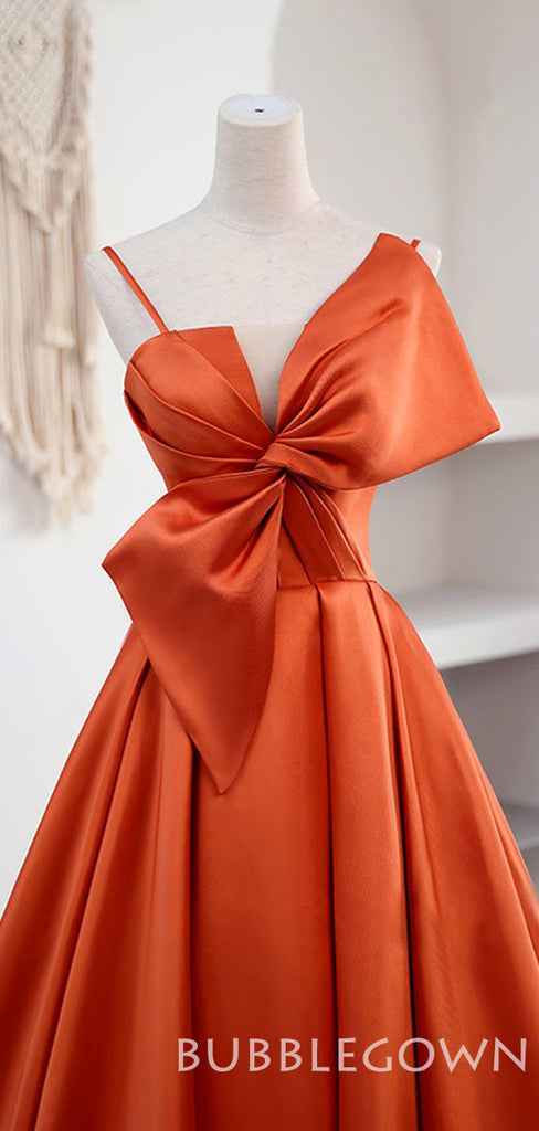 Papaya Satin A-line Long Evening Prom Dresses, Cheap Custom Spaghetti Straps Prom Dresses, MR7936