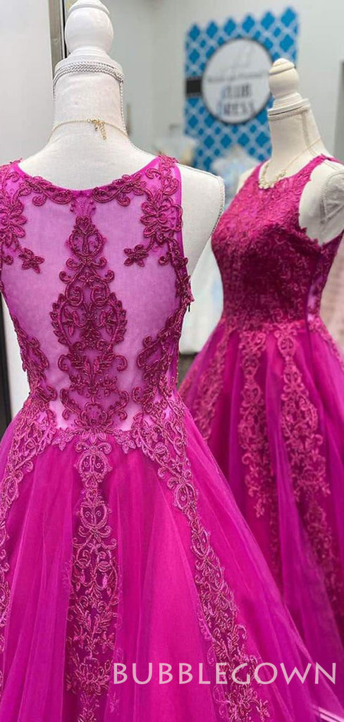 A-line Fuchsia Tulle Appliques Lace Long Illusion Evening Prom Dresses, Cheap Custom Prom Dresses, MR7938