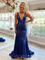 Royal Blue Sequin Deep V-neck Mermaid Long Evening Prom Dresses, Cheap Custom Prom Dresses, MR7939