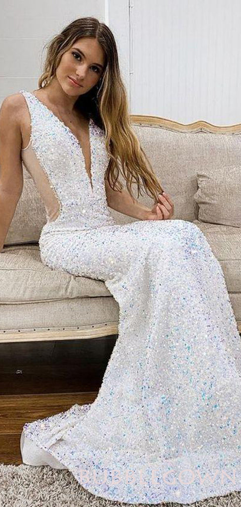 Mermaid Deep V-neck White Sequin Long Evening Prom Dresses, Cheap Custom Prom Dresses, MR7948