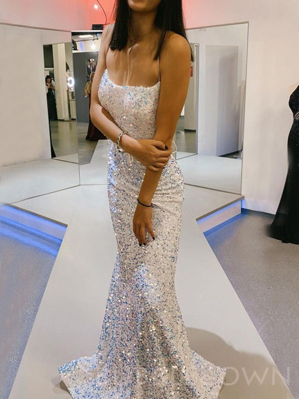 Mermaid White/Blue Sequin Long Spaghetti Straps Evening Prom Dresses, Cheap Custom Prom Dresses, MR7952