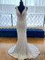 Backless Mermaid White Sequin Deep V-neck Long Evening Prom Dresses, Cheap Custom Prom Dresses, MR7956