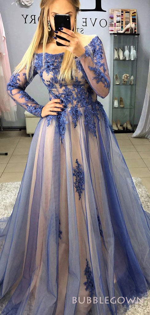 Off Shoulder A-line Blue Tulle Appliques Long Evening Prom Dresses, Cheap Custom Prom Dresses, MR7960