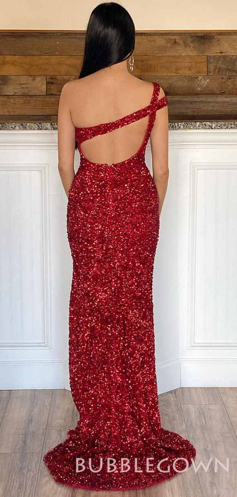 Purple/Hot Pink Sequin One Shoulder Long Mermaid Long Evening Prom Dresses, Cheap Custom Prom Dresses, MR7972