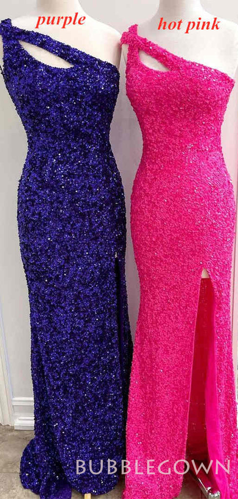 Purple/Hot Pink Sequin One Shoulder Long Mermaid Long Evening Prom Dresses, Cheap Custom Prom Dresses, MR7972