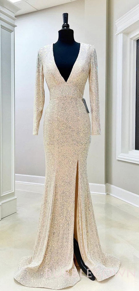 Long Sleeves Deep V-neck Champagne Sequin Mermaid Long Evening Prom Dresses, Cheap Custom Prom Dresses, MR7984