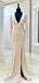 Long Sleeves Deep V-neck Champagne Sequin Mermaid Long Evening Prom Dresses, Cheap Custom Prom Dresses, MR7984