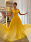 Deep V-neck Yellow Tulle A-line Long Evening Prom Dresses, MR7998