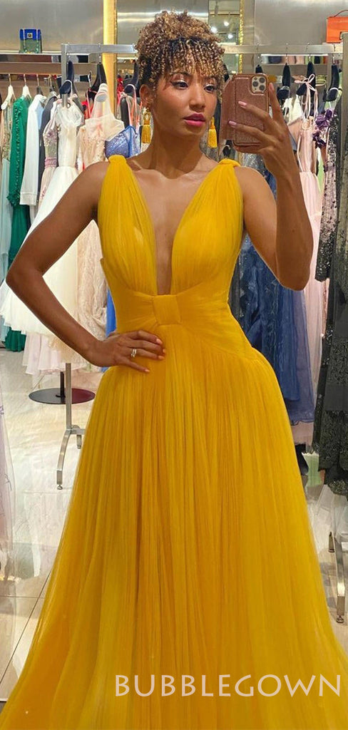 Deep V-neck Yellow Tulle A-line Long Evening Prom Dresses, MR7998