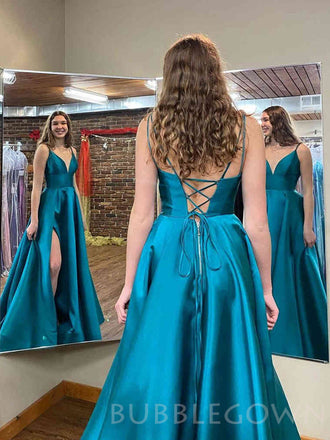 A-line Blue Satin Spaghetti Straps Simple Long Evening Prom Dresses, Cheap Custom prom dresses, MR8001