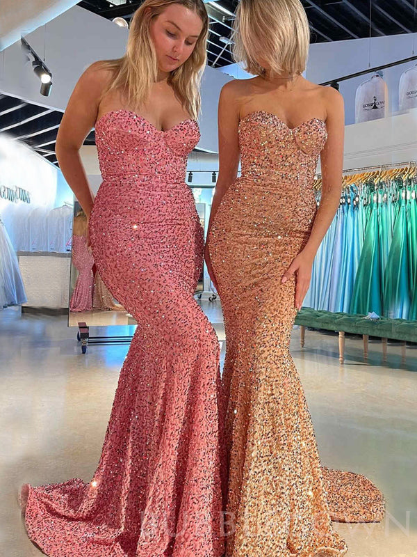 Pink/Gold Sequin Mermaid Strapless Long Sweetheart Evening Prom Dresses, Cheap Custom Prom Dresses, MR8008