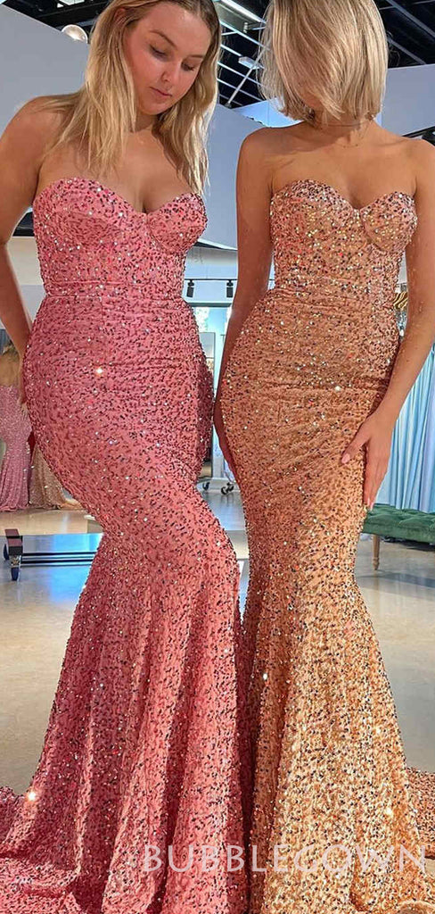 Pink/Gold Sequin Mermaid Strapless Long Sweetheart Evening Prom Dresses, Cheap Custom Prom Dresses, MR8008