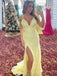 Mermaid Yellow Tulle Appliques Spaghetti Straps Lace Long Evening Prom Dresses, MR8010