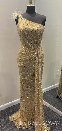 One Shoulder Gold Sequin Sparkly Mermaid Long Evening Prom Dresses, MR8029