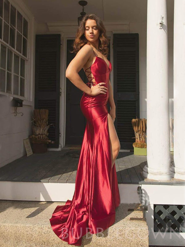 Burgundy Satin Spaghetti Straps Mermaid Long Evening Prom Dresses, Cheap Custom Prom Dresses, MR8033